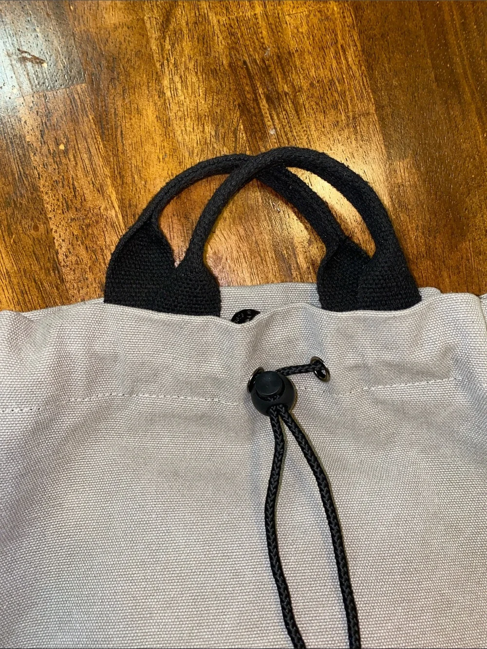 Gray Canvas Drawstring Tote with Embroidered Accent